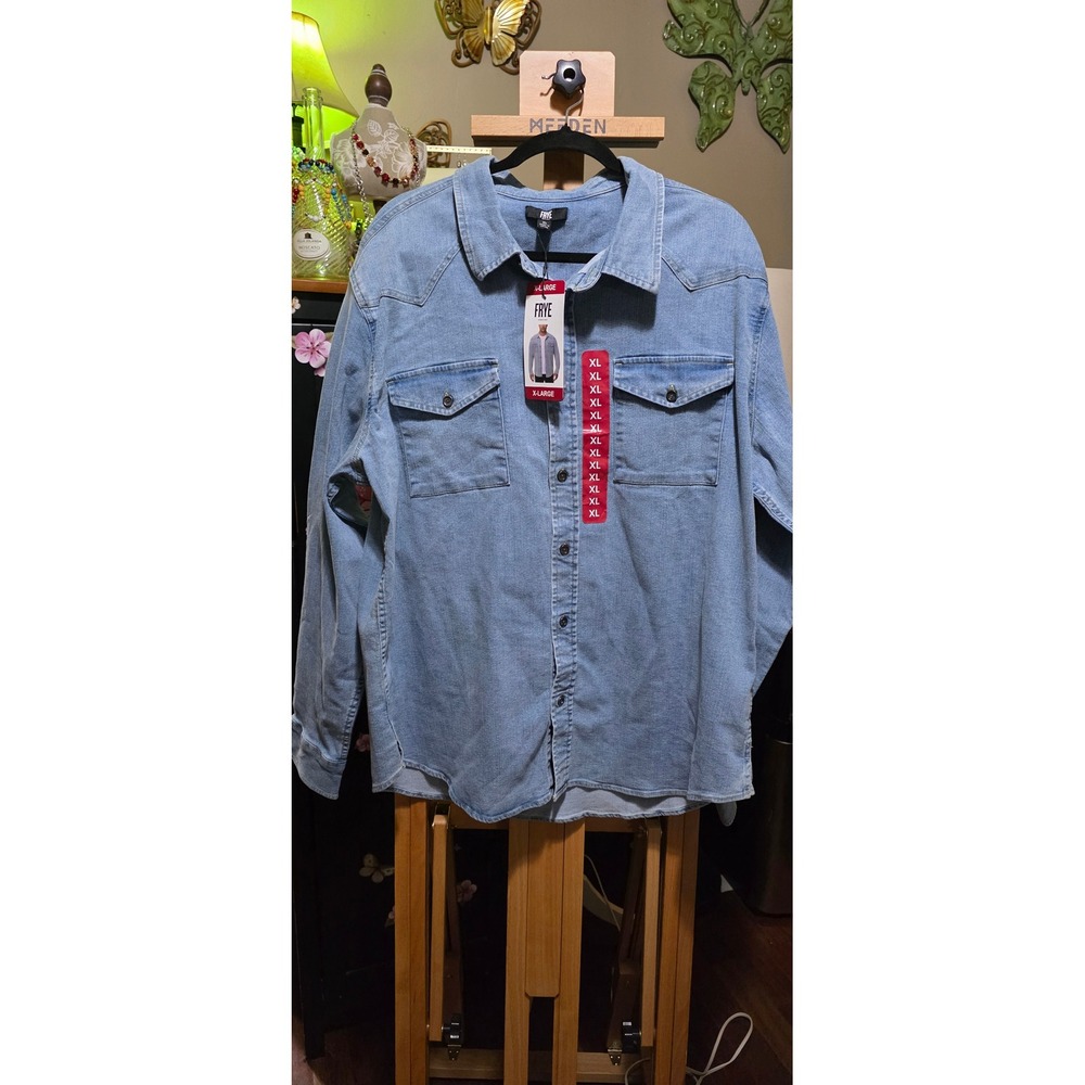Frye Mens Western Vintage Denim Shirt Light Wash Long Sleeve Button Down XL NWT